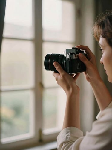 A filmmaker holding a vintage camera, capturing a candid moment from a distance, soft natural window light, cinematic depth of field