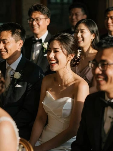 Candid shot of wedding guests laughing naturally, rich shadows, warm light, documentary wedding style
