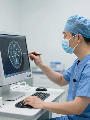 An ophthalmologist in sterile blue scrubs analyzing high-resolution retinal scans on a bright clinical monitor, clean medical facility background.