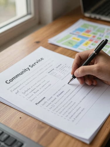 Close-up detail shot of a student's annotated community-service planning document on a wooden desk, handwritten notes in the margins, a printed neighborhood map with highlighted zones, natural window light from the left, shallow depth of field