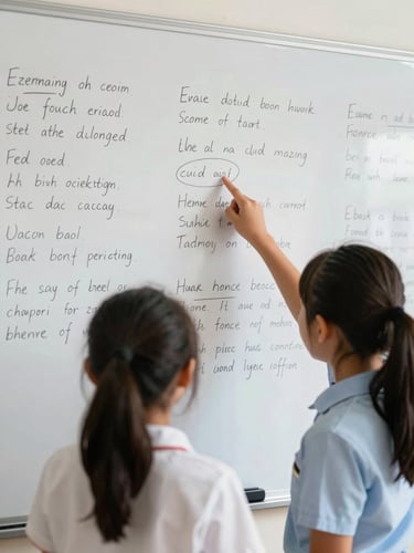 Medium shot of two elementary-age students standing at a whiteboard covered in handwritten notes and constitutional clause references, one student pointing to a circled phrase, natural classroom light, documentary framing