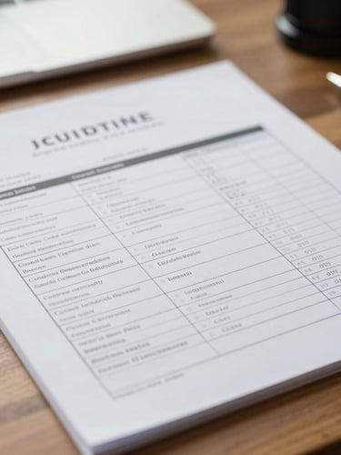 Close-up of a structured legal audit document on a wooden desk, soft natural window light