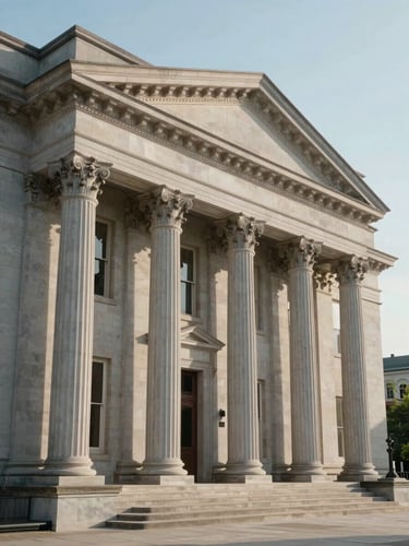 Wide environmental shot of a classical stone county courthouse facade, clean morning light, elegant architectural columns, minimal and quiet composition.