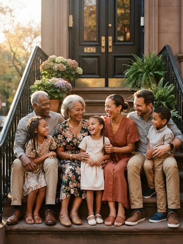 Warm editorial fashion portrait of a multi-generational family on a sunlit brownstone stoop, golden-hour natural light, rich cinematic tones, 35mm film style