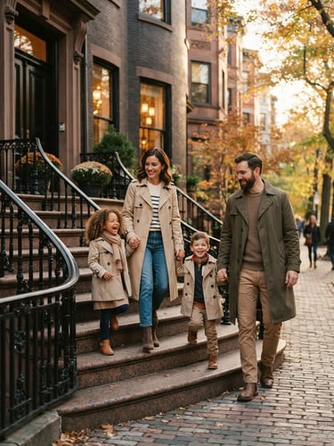 Warm editorial fashion photograph of a family walking down a Boston brownstone stoop in coordinated autumn trench coats, golden-hour natural light, 35mm film style.
