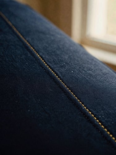 Tactile close-up of premium navy cotton fabric texture and gold stitching, soft diffused window light, shallow depth of field