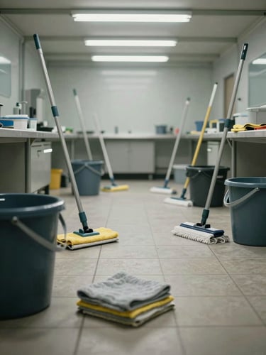 Wide-angle view of a professional cleaning workspace: mop, industrial buckets and folded microfibre cloths arranged on a tiled floor under cool fluorescent work light, clean and ordered, no people present, documentary framing