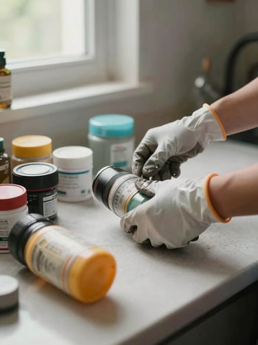 Close-up of gloved hands sorting through household items on a cleared kitchen counter, natural daylight from a side window, surfaces visible and clean, work-in-progress documentary shot, no people's faces, no styling