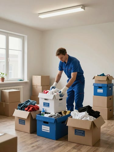Wide shot of a professional cleaner sorting decluttered items into labeled boxes in a cleared apartment room, fluorescent work light overhead, bare floor visible, window daylight from left side
