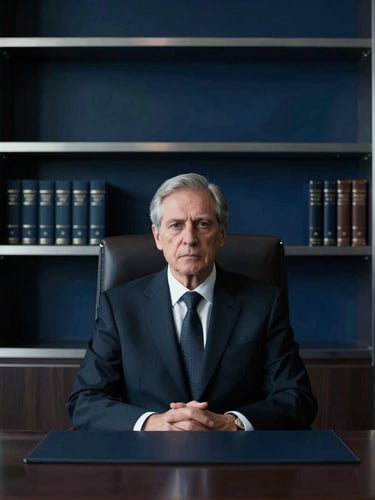 Tight editorial portrait of a senior lawyer in a dark tailored suit, sitting in a modern executive office with leather-bound books and sharp metallic lines, cool low-key lighting.