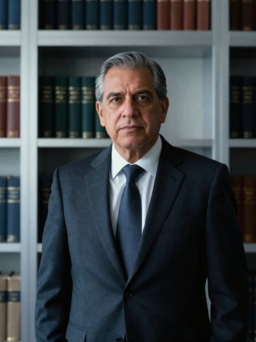 Tight editorial portrait of a senior Hispanic lawyer in a dark tailored suit, modern executive office with leather-bound books in soft focus, dramatic low-key lighting, cool silver tones, 35mm