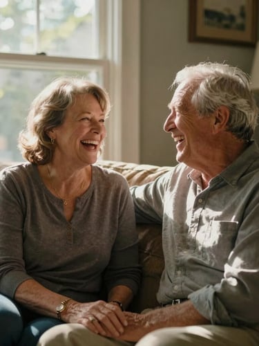 Active, engaged older couple laughing together in their sunny Naperville living room, natural warm daylight streaming through a window, residential setting, medium shot, high contrast.