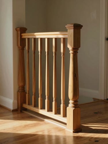Medium shot of a warm, sunlit Naperville home entryway, soft morning light illuminating a newly installed sturdy wooden handrail, clean wooden floors, inviting and safe residential atmosphere.