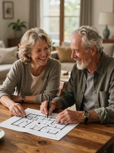 A warm, daylight-filled Naperville living room where an active older couple laughs together while reviewing a home floor plan on a wooden table, cozy residential atmosphere.