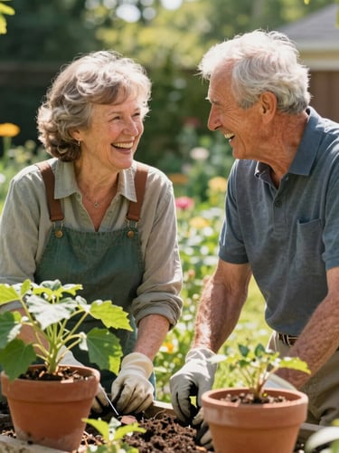 A warm, daylight-filled medium shot of an active senior couple laughing together while working in their sunny Naperville garden, vibrant green leaves and terracotta pots in focus.