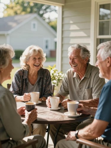 A warm medium shot of four smiling senior volunteers sitting together on a sunny front porch in Naperville, laughing and sharing coffee, natural residential lighting.