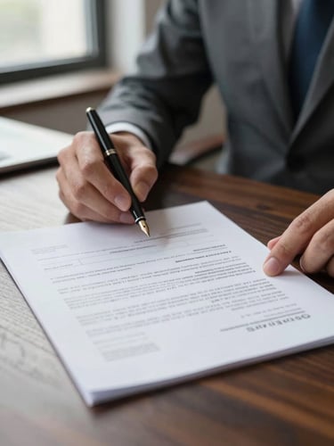 Close-up of a trade finance officer's hands reviewing a letter of credit document on a dark wood desk, a fountain pen resting beside the papers, shallow depth of field, diffused window light from the left