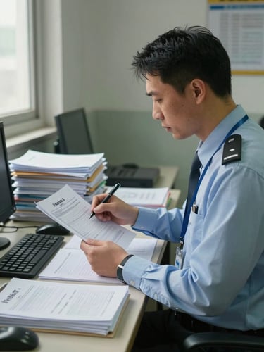 Medium shot of a trade compliance officer at a customs checkpoint reviewing stamped hazmat documentation under diffused natural light, stacked industrial dossiers and a regulatory binder visible on the desk beside him, muted office interior