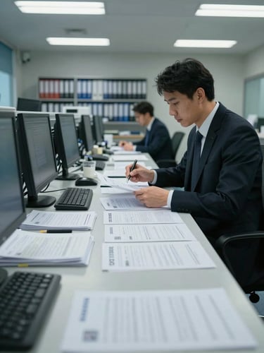 Wide shot inside a banking operations room at dawn, trade documents and letters of credit spread across a long desk, a finance professional in a dark suit reviewing stamped manifests under cool fluorescent light, shelves of binders visible in the background, institutional scale