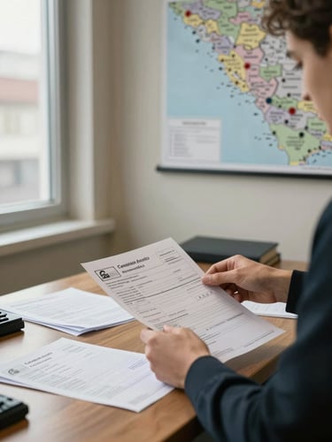 Medium shot of a trade documentation desk in a regional office interior, natural window light from the left, hands sorting stamped customs manifests and trade finance letters, a map with pinned locations on the wall behind, muted warm tones, no people looking at camera