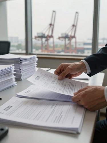 Medium shot at a regional trade office, a professional reviewing multi-page shipping documents spread across a desk, port cranes visible through a wide window behind, early morning light, stacks of stamped customs files to the side, focus on hands and paperwork