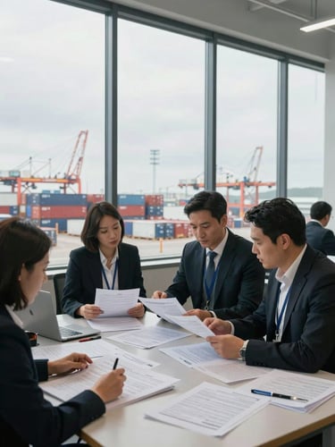 Wide environmental interior of a regional trade office, overcast natural light from tall windows, trade professionals reviewing shipping manifests and customs documents at a large table, port infrastructure visible through glass behind them, no posed faces