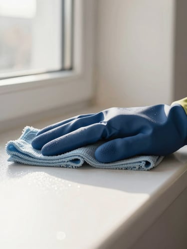 Close-up of a professional cleaner's hands, wearing gloves, carefully wiping a sparkling surface with an eco-friendly cloth, bright morning window light, rich navy and olive tones, soft natural depth of field, focus on attention to detail.