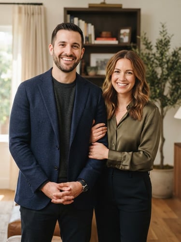 Warm, professional portrait of founders Jacob Santone and Paige Sigley smiling gently, standing in a sunlit, clean home interior, soft morning window light, rich navy and olive tones, soft natural depth of field, looking approachable and trustworthy.