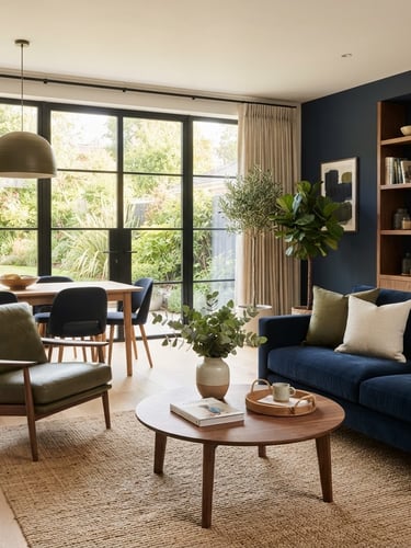 Sunlit, beautifully styled modern home interior, sparkling clean, soft morning light, rich navy and olive tones, wide shot, inviting and immaculate.