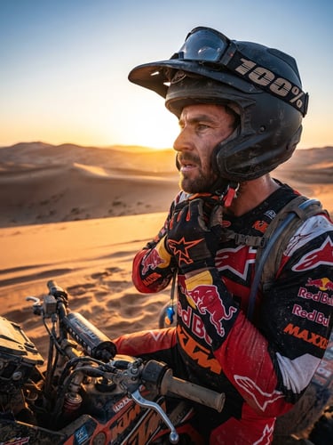 Close-up of a professional quad rider strapping on a matte black helmet under harsh golden hour desert light, sand dunes in background.