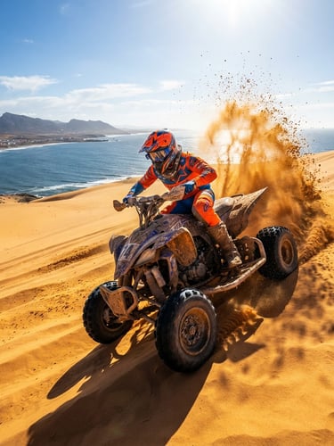 A low-angle action shot of a quad rider carving a golden sand dune under harsh midday sun, deep shadows, Atlantic lagoon visible in the background