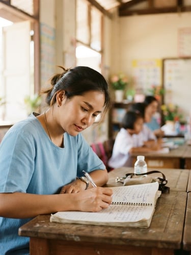 Warm editorial photography of an adult student writing in a notebook in a bright, sunlit community classroom in Thailand, 35mm lens, shallow depth of field