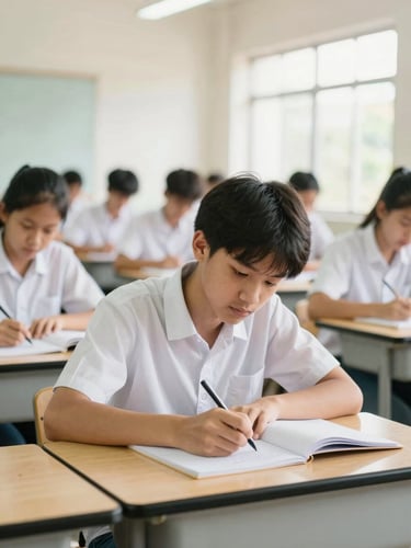 An adult student writing in a notebook in a bright, sunlit community classroom in Thailand, warm editorial photography, soft realistic tones.