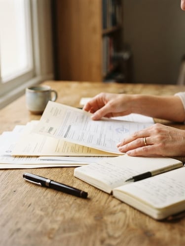 A close-up of hands organizing official documents and a notebook on a clean wooden desk, bright natural daylight from a side window, soft realistic tones.