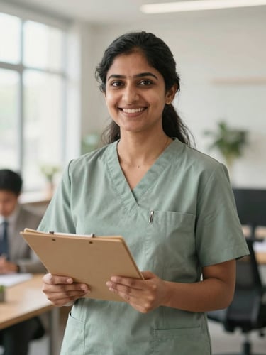 A professional South Asian female care coordinator smiling warmly in a bright, modern office, holding a folder, representing trust and leadership.