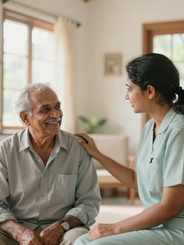 A warm, daylight-filled Kerala home interior where an elderly parent is smiling while talking to a professional female caregiver in a clean uniform, soft focus background.