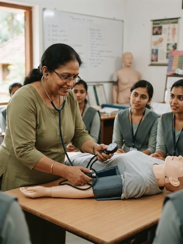 A professional caregiver training session in Kerala, a female instructor demonstrating blood pressure measurement on a medical mannequin in a bright classroom, soft diffused daylight, warm editorial style.