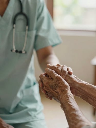 A close-up of a professional nurse gently holding the hand of an elderly patient in a sunlit Kerala home, warm editorial photography, soft diffused natural daylight, shallow depth of field.