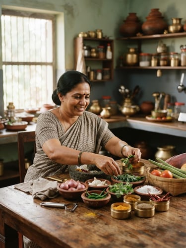 A warm, daylight-filled Kerala home kitchen, a professional domestic helper arranging fresh ingredients on a wooden table, soft natural light, authentic editorial style.