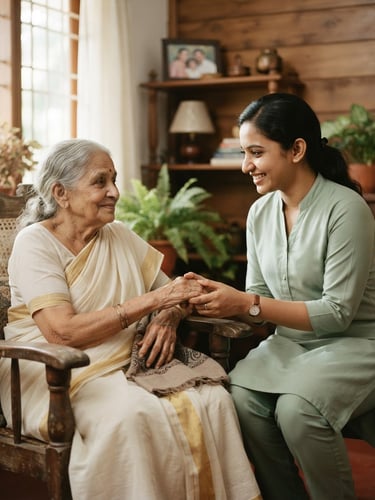 A professional South Asian female caregiver in a soft green uniform gently holding the hand of an elderly woman in a sunlit, warm Kerala home, soft natural light, shallow depth of field