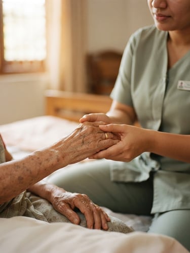 A close-up shot of a professional caregiver in a soft sage uniform gently holding the weathered hand of an elderly person, soft warm Kerala morning light flowing through a window, shallow depth of field.