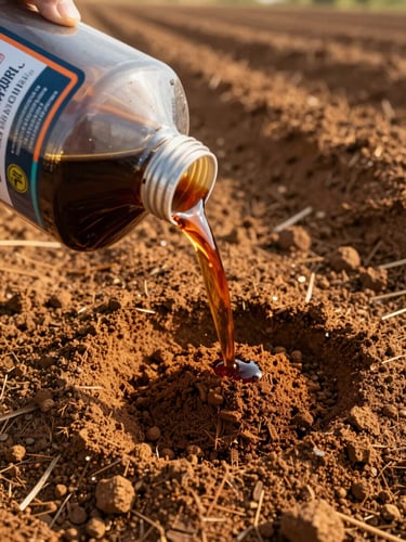 Close overhead shot of dark amber fish fertilizer liquid being poured from a container onto dry ochre soil in an open field, golden-hour sidelight casting natural shadows across the soil texture, product label partially visible at left edge