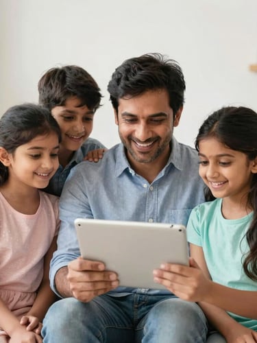 Portrait of a modern Indian family looking at a tablet, bright natural daylight, warm optimistic tones, clean commercial style, off-center subject