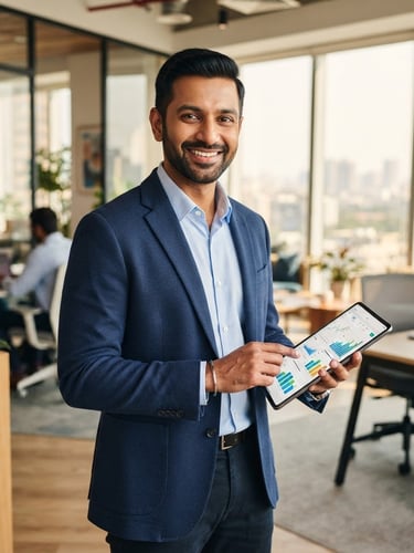 A professional Indian man in a smart casual blazer smiling warmly, holding a tablet showing financial charts, bright modern office background, natural daylight