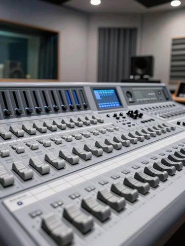 Flat-lay close-up of professional broadcasting equipment in a modern recording studio, cool gray tones, sharp focus, bright clean lighting