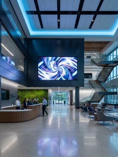 Wide environmental shot of a modern corporate lobby with a high-contrast digital signage screen on the wall, cool blue architectural lighting, sharp focus