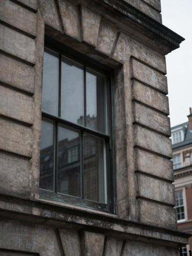 Extreme close-up of weathered Portland stone and bronze window frame of a historic Mayfair building, soft overcast morning light, desaturated deep tones, architectural details, sharp focus, 35mm lens.
