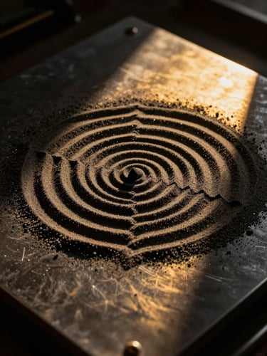 Macro photograph of vibrating black sand forming geometric Chladni patterns on a dark metal plate, sharp warm gold side lighting, deep shadows, 35mm lens