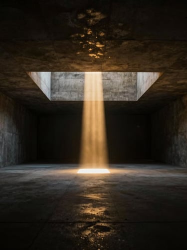 Wide cavernous concrete gallery space sliced by a single sharp vertical beam of warm golden light, absolute center-composition, high contrast, cinematic atmosphere