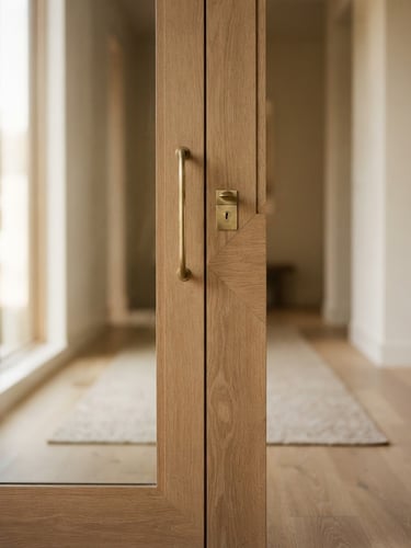 Straight-on architectural detail of a finished custom home entryway, warm natural window light highlighting mitered oak joints, soft brass hardware, minimal and clean, 35mm lens